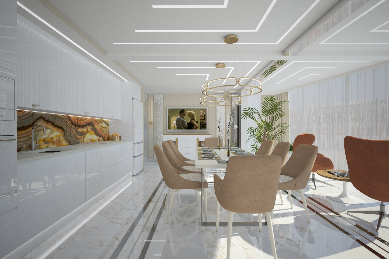 Кухня-Столовая-Гостиная. Квартира в многоэтажном доме 160м2.