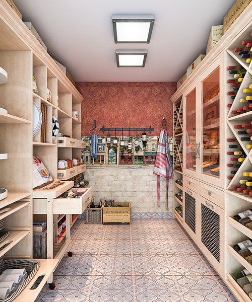Inspiration for a mid-sized mediterranean u-shaped kitchen pantry in Los Angeles with shaker cabinets, light wood cabinets and ceramic floors.