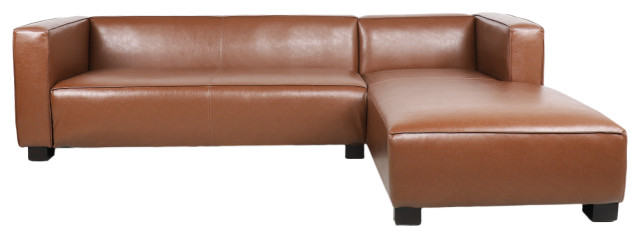 Minkler Contemporary Faux Leather 3 Seater Sofa With Chaise Lounge, Cognac/Dark Walnut