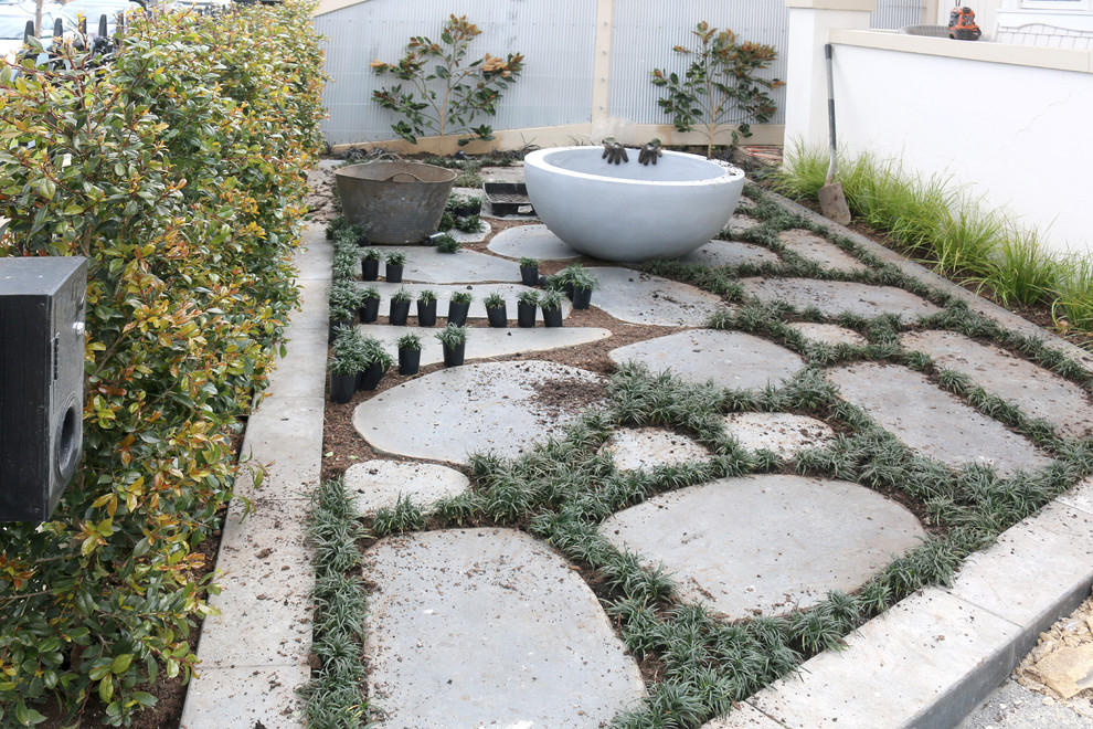 Photo of a small contemporary front yard full sun xeriscape for winter in Melbourne with a garden path and natural stone pavers.