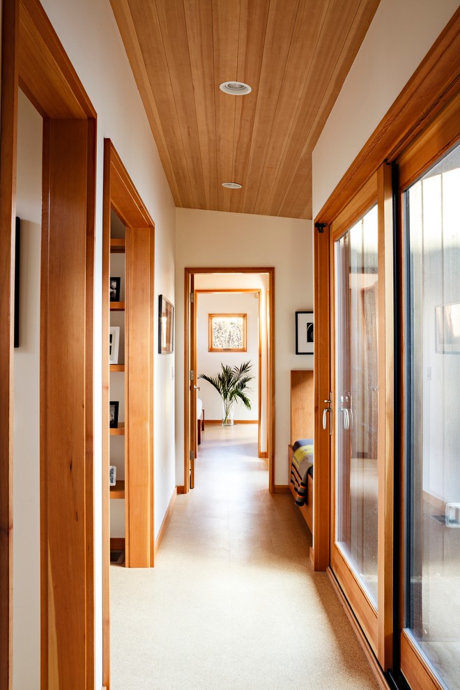 Photo of a mid-sized modern hallway in Portland with white walls and cork floors.