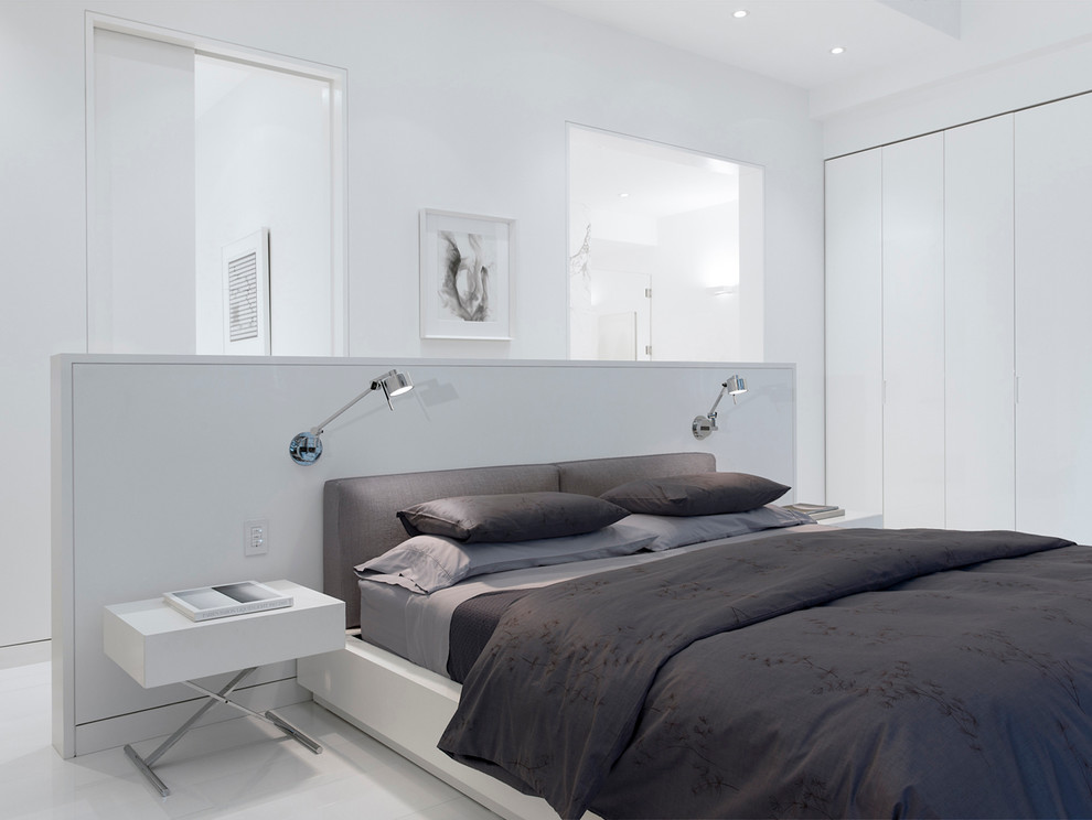 Scandinavian bedroom in New York with white walls.