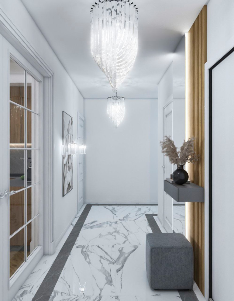 Пример оригинального дизайна: коридор среднего размера: освещение в классическом стиле с серыми стенами, полом из травертина и серым полом