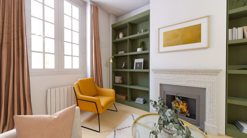 Aménagement d'un salon contemporain avec une bibliothèque ou un coin lecture, un mur vert, parquet clair, une cheminée standard, un manteau de cheminée en pierre et un téléviseur fixé au mur.