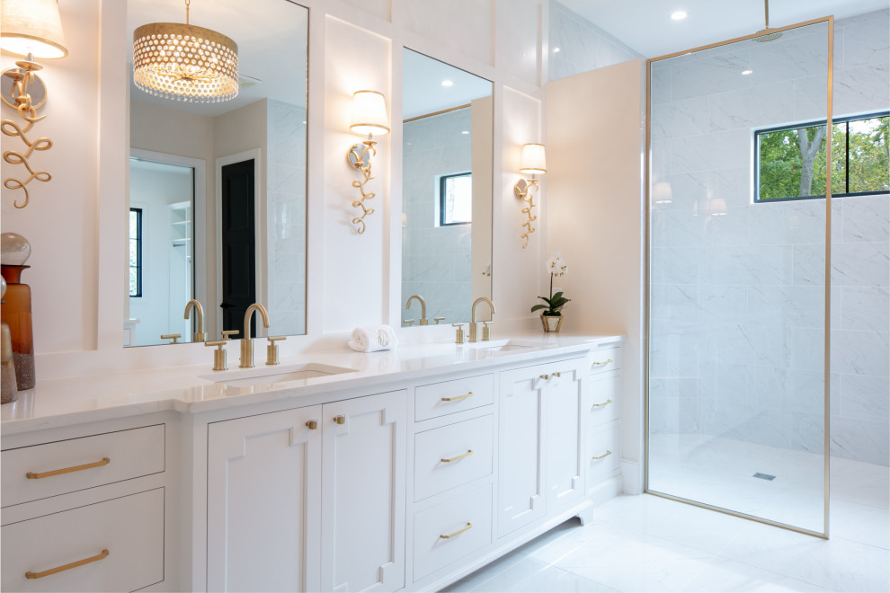Contemporary bathroom in Cincinnati with flat-panel cabinets, white cabinets, white walls, marble flooring, quartz worktops, white floors, an open shower, white worktops, double sinks and a built in vanity unit.