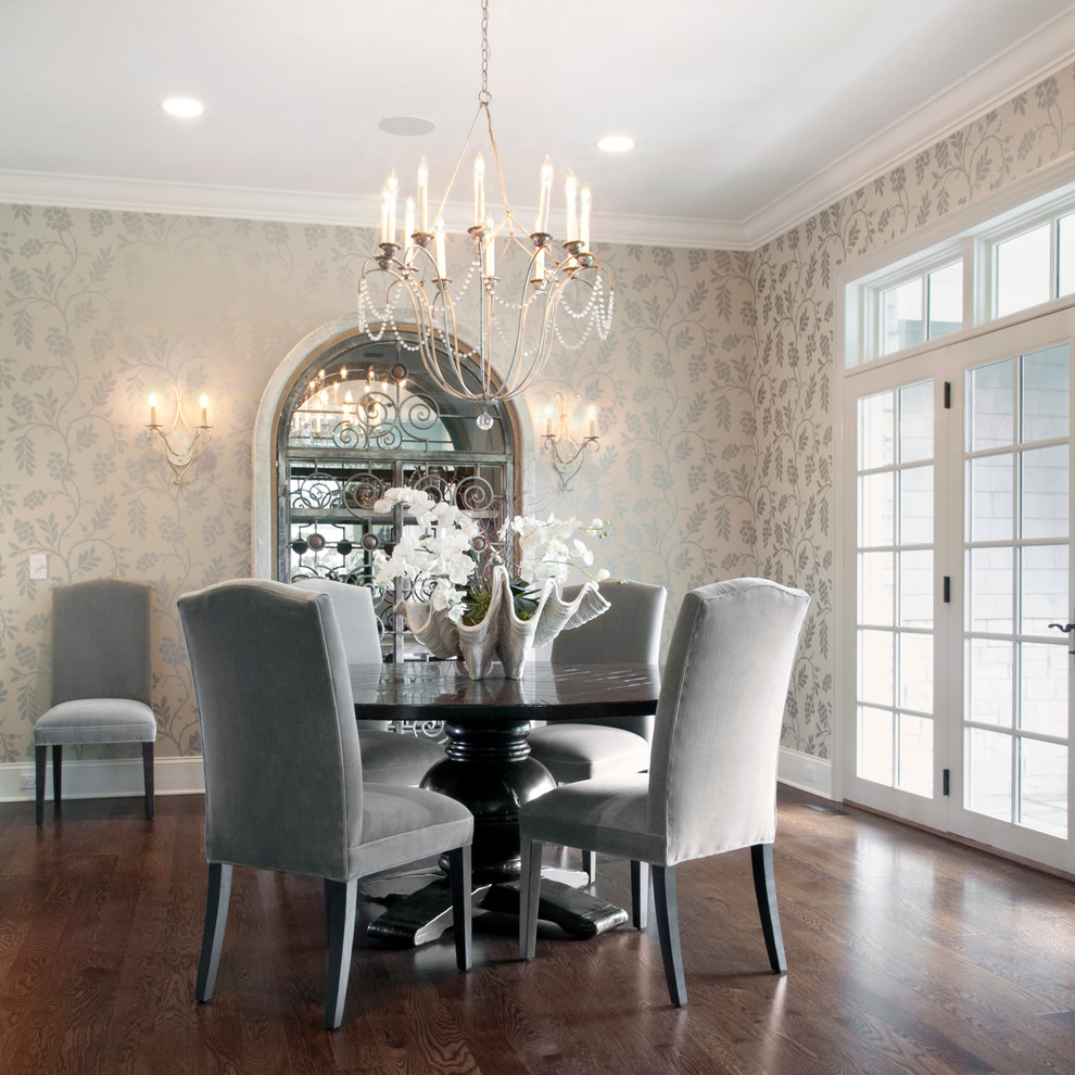 Design ideas for a transitional dining room in Chicago with beige walls and dark hardwood floors.