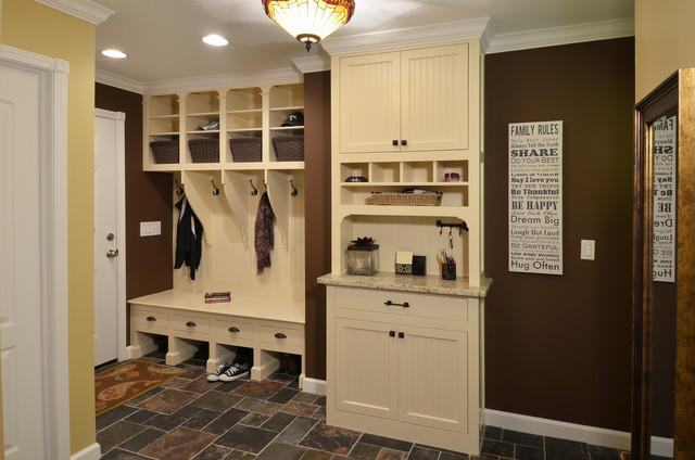 Mid-sized country mudroom in Atlanta with brown walls, slate floors, a single front door, a white front door and multi-coloured floor.