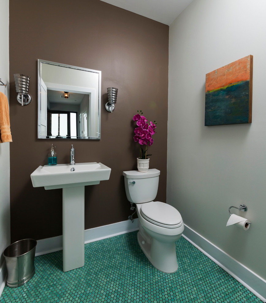 This is an example of a small contemporary 3/4 bathroom in Richmond with a pedestal sink, a two-piece toilet, green tile, ceramic tile, brown walls and ceramic floors.