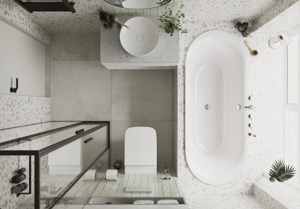 Cette photo montre une petite salle d'eau avec des portes de placard blanches, un combiné douche/baignoire, WC suspendus, un sol gris, une cabine de douche à porte coulissante, une fenêtre, meuble simple vasque et meuble-lavabo sur pied.
