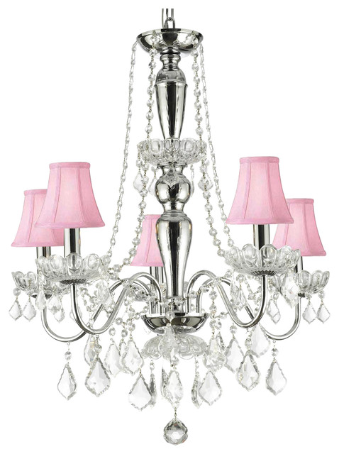 5 Lights Crystal Chandelier With Pink Shades Traditional