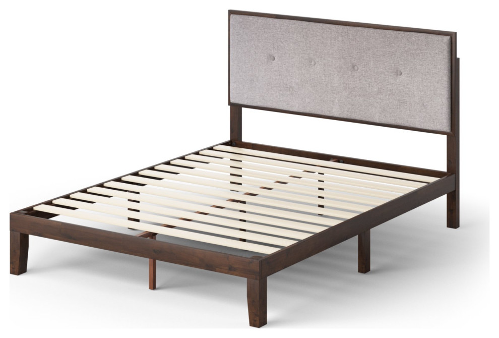 Traditional Platform Bed, Gray Upholstered Button Tufted Headboard