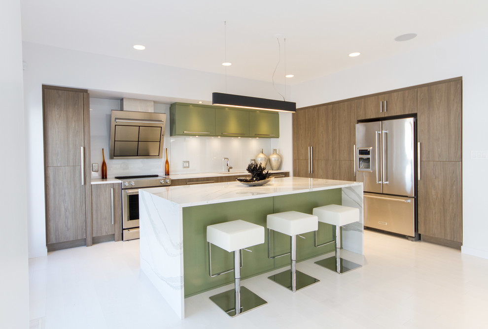 Photo of a mid-sized contemporary l-shaped eat-in kitchen in Other with an undermount sink, flat-panel cabinets, brown cabinets, marble benchtops, white splashback, glass sheet splashback, stainless steel appliances, porcelain floors, with island, white floor and white benchtop.