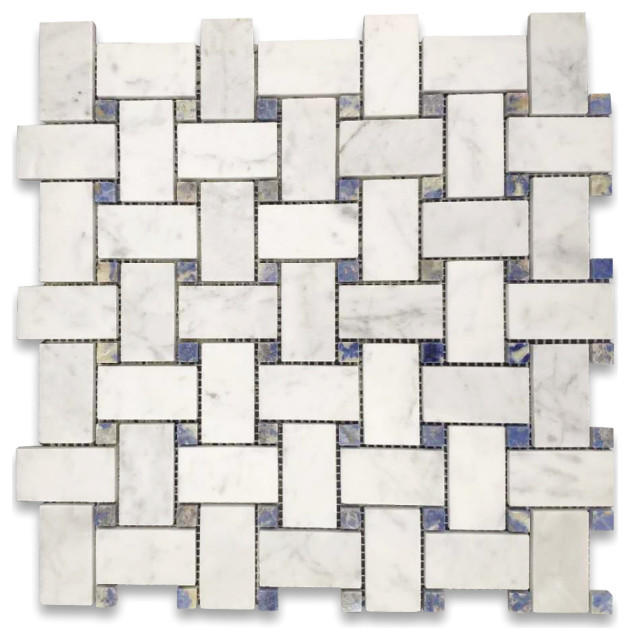 Carrara Venato Marble 1x2 Basketweave Mosaic Tile Azul Blue Dot Honed, 1 sheet