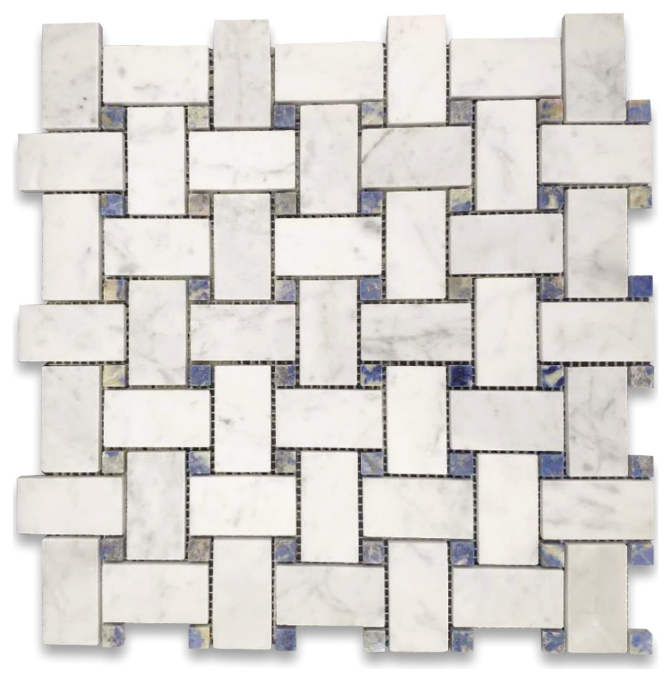 Carrara Venato Marble 1x2 Basketweave Mosaic Tile Azul Blue Dot Honed, 1 sheet