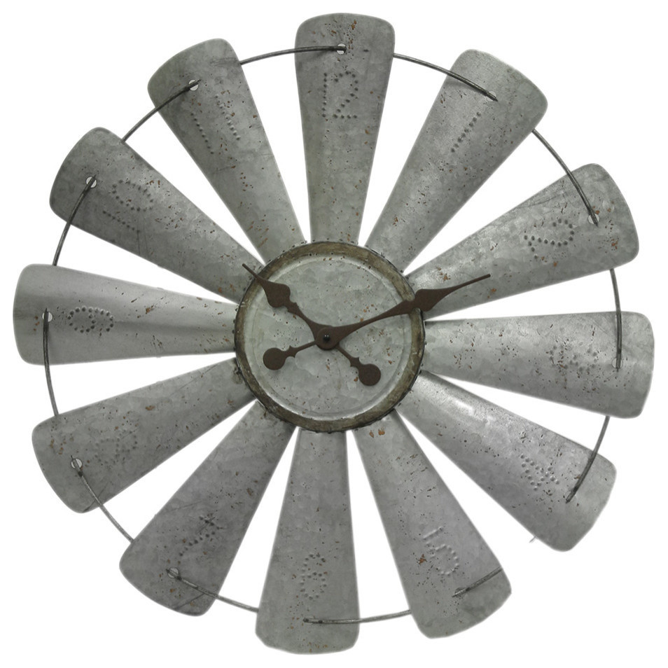 Galvanized Grey 26 inch Rustic Metal Windmill Wall Clock Farmhouse
