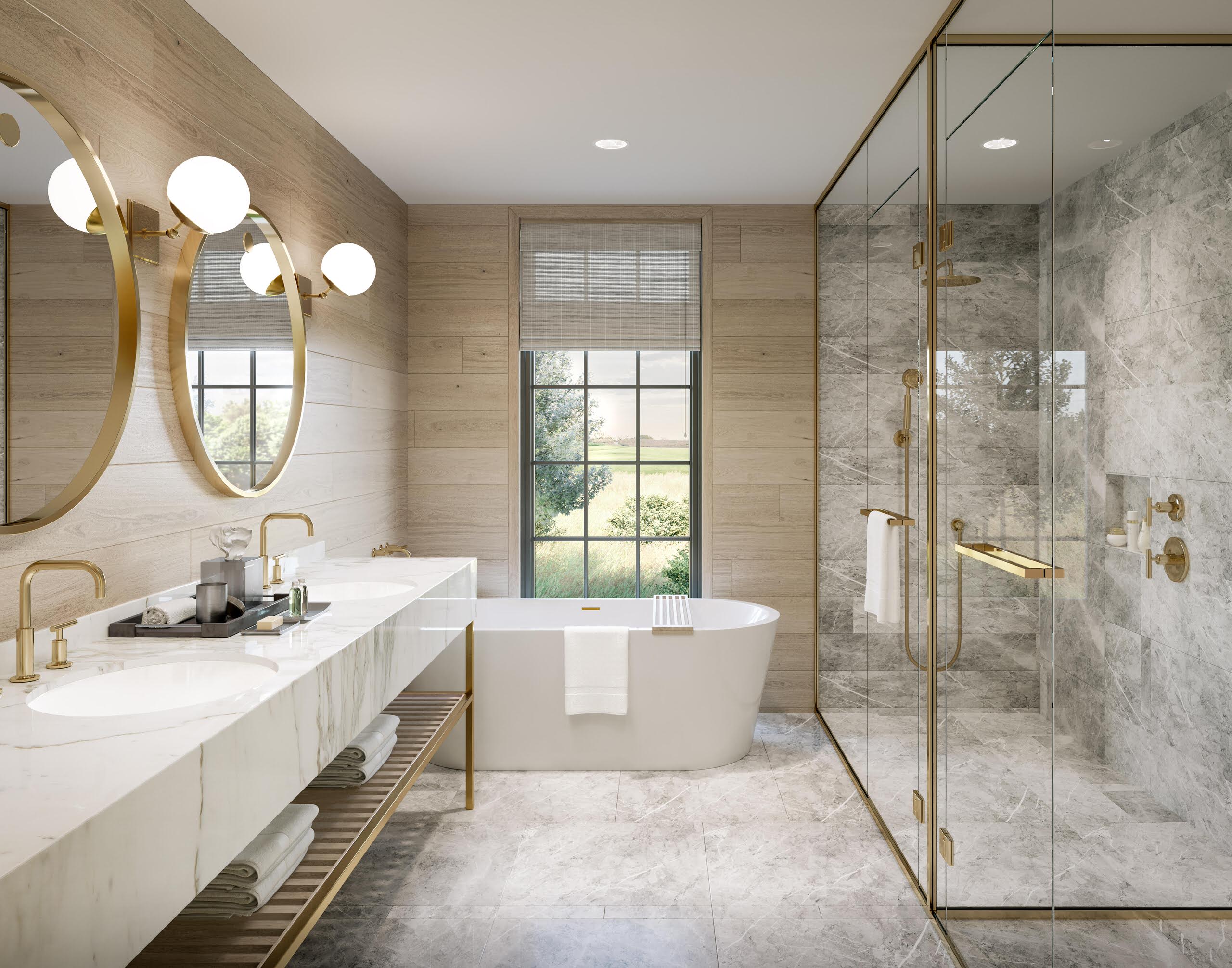 A spa-inspired bathroom at the new Cabot Cliffs luxury residences. We used all gold hardware set against a light cedar wood wall with stone marbling throughout. The result is a perfect mic of understa