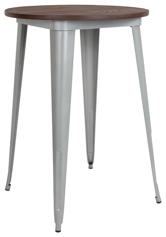 Offex Round Metal Indoor Bar Height Table With Walnut Rustic Wood Top