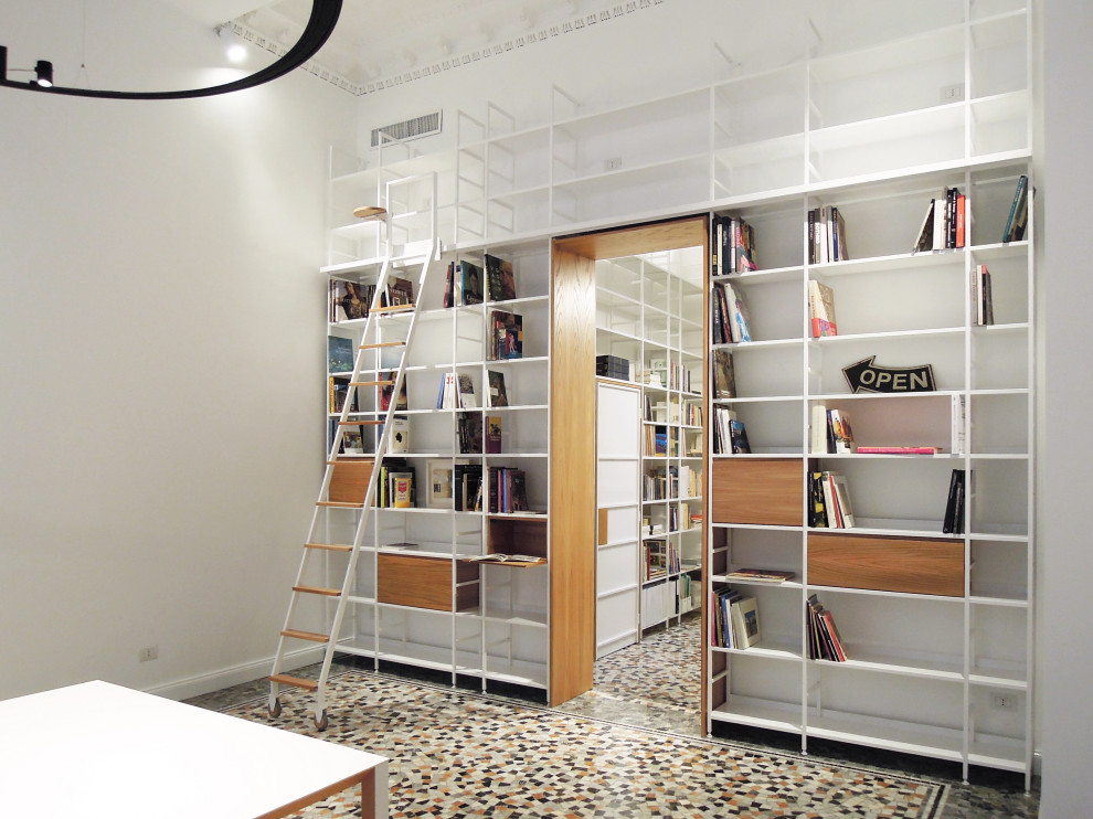 Design ideas for a large traditional home office in Milan with a library, white walls, marble floors and multi-coloured floor.