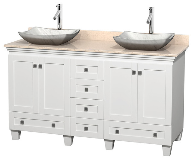 60" Acclaim White Double Vanity, Ivory Marble Top and White Carrera Marble Sink