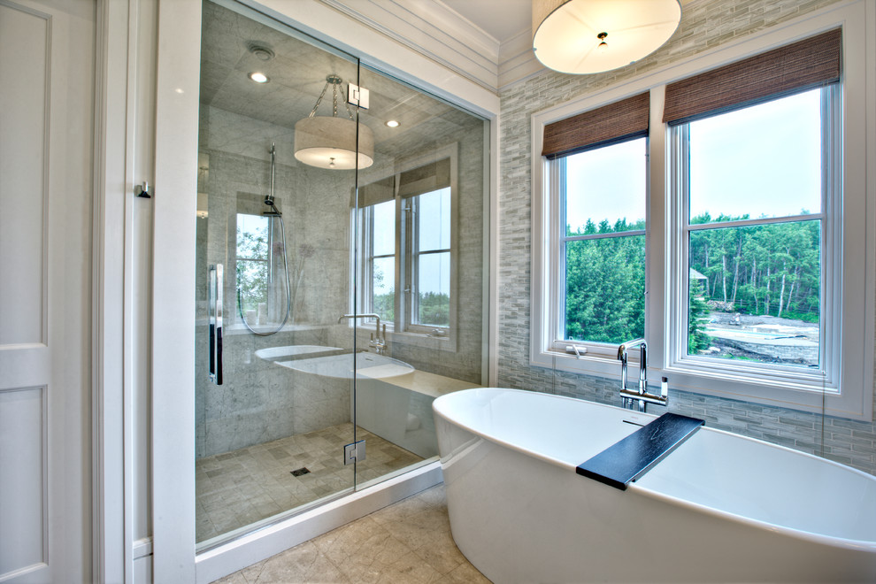 Photo of a contemporary bathroom in Calgary with a freestanding tub.