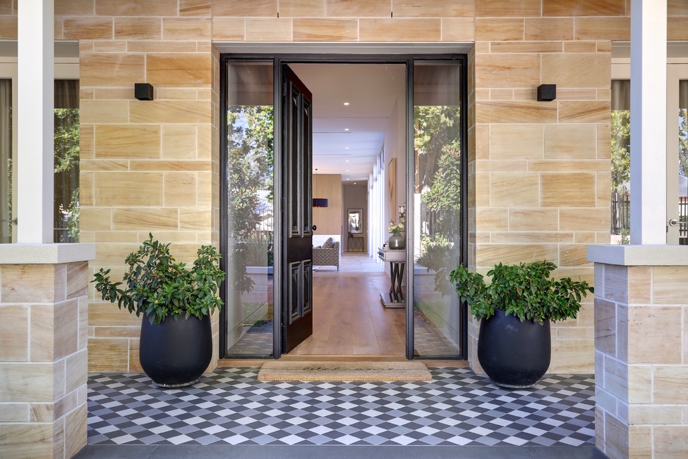 Photo of a contemporary front door in Adelaide with a single front door, a black front door and multi-coloured floor.