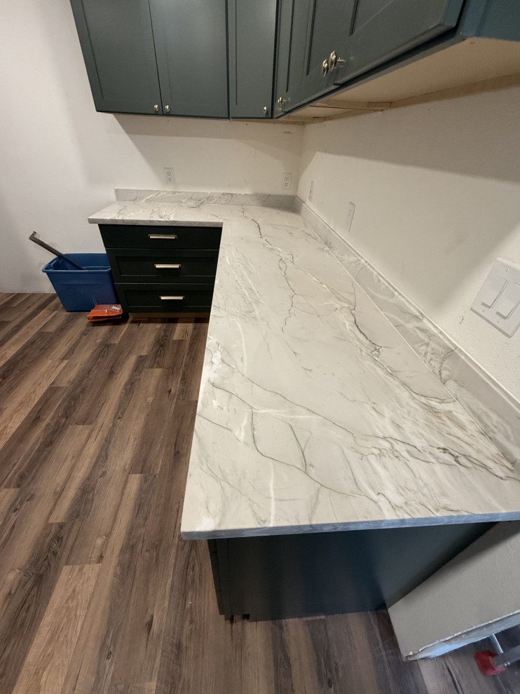 Green Shaker Kitchen — Mitered Quartz Run