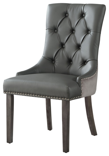 Owen Dining Chair Tufted Nailhead Trim, Set of 2, Dark Gray Pu Leather/Velvet