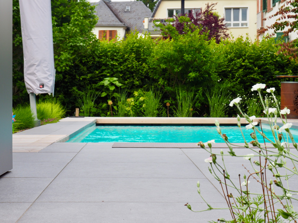 Immagine di una piscina fuori terra contemporanea rettangolare di medie dimensioni e dietro casa con paesaggistica bordo piscina
