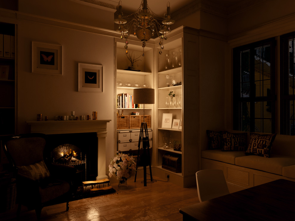 Библиотека, в загородном доме, на побережье.