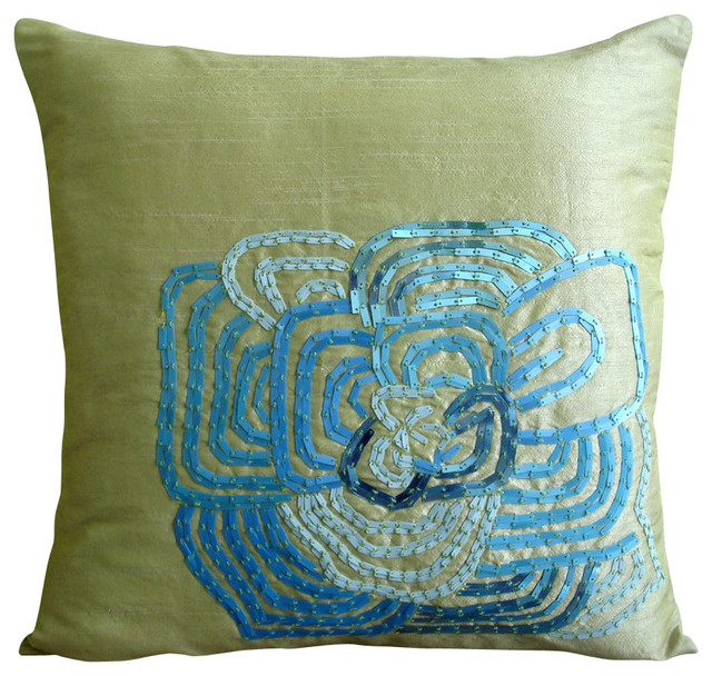 green multicolor sequins flower 14x14 silk pillow covers turquoise bloom contemporary - Turquoise Decorative Pillows green multicolor sequins flower 14x14 silk pillow covers turquoise bloom contemporary - Turquoise Decorative Pillows