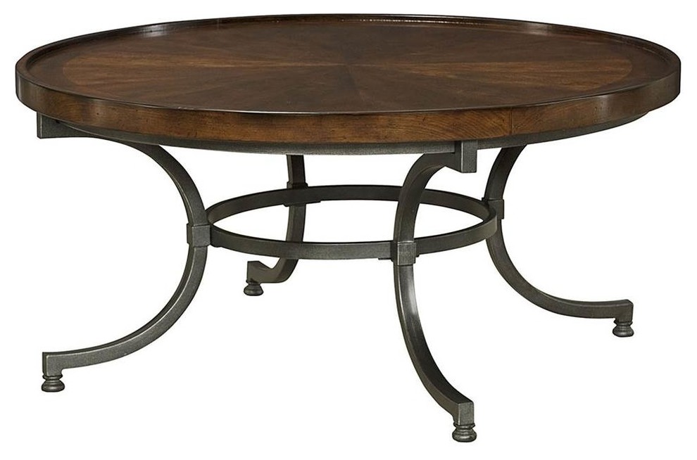 Hammary Barrow Round Cocktail Table With Mahogany Top and Metal Base