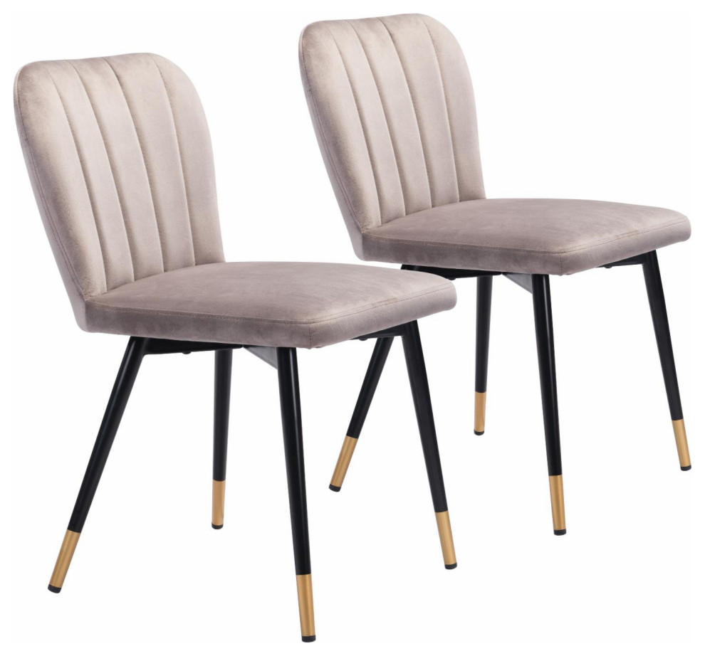 Set of 2 Dining Chair, Black Legs With Golden Caps & Channeled Velvet Seat, Gray