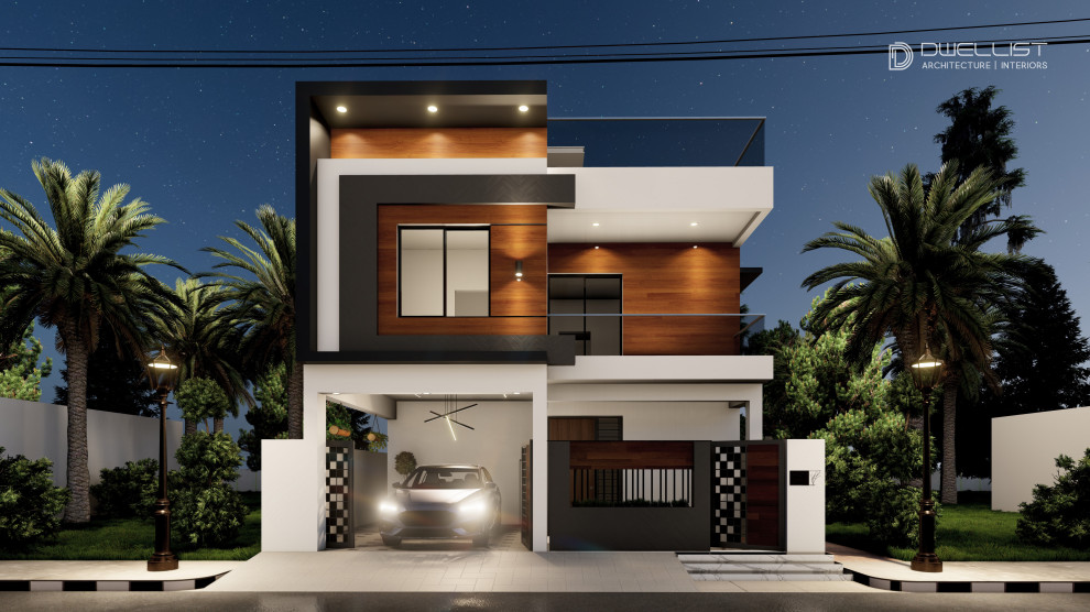 Design ideas for a small contemporary two-storey grey duplex exterior in Other.