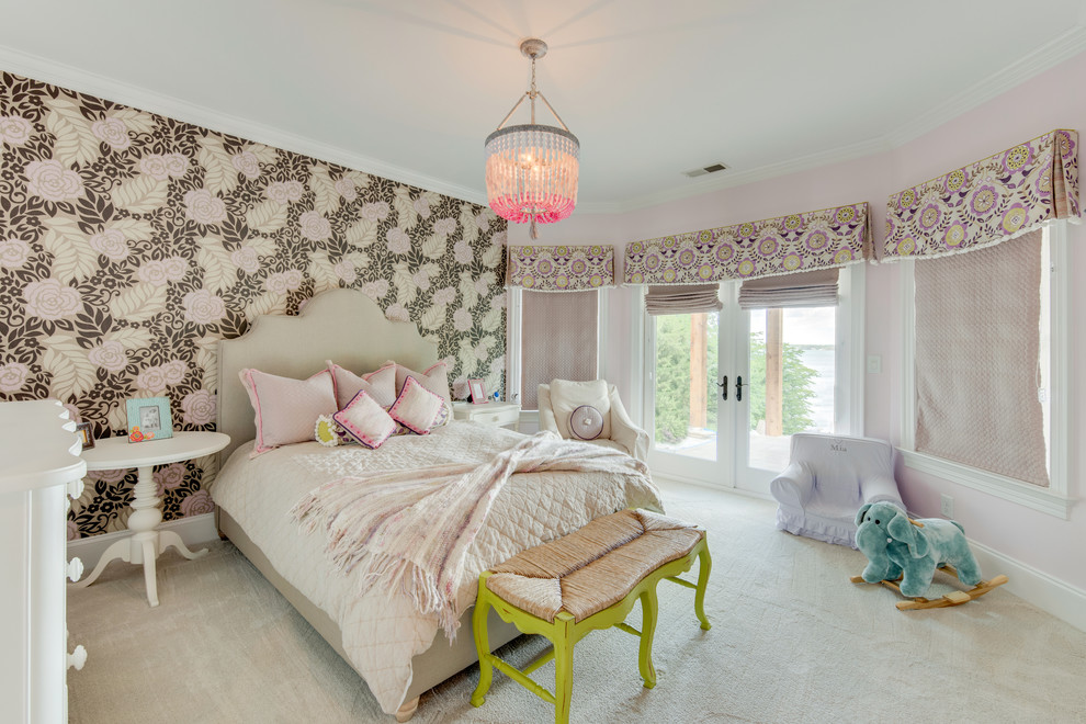 This is an example of a mid-sized transitional kids' room for girls in Charlotte with multi-coloured walls and carpet.