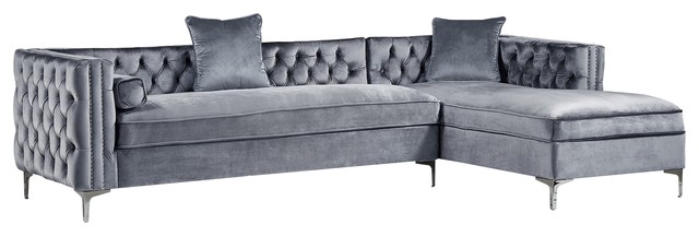 Jeannie Velvet Tufted With Nailhead Trim Sectional Gray Right Facing Chaise Jeannie Velvet Tufted With Nailhead Trim Sectional Gray Right Facing Chaise