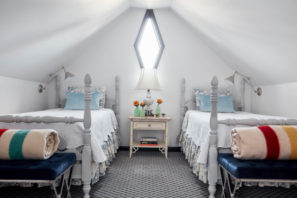 Inspiration for a mid-sized timeless guest carpeted and gray floor bedroom remodel in St Louis with white walls