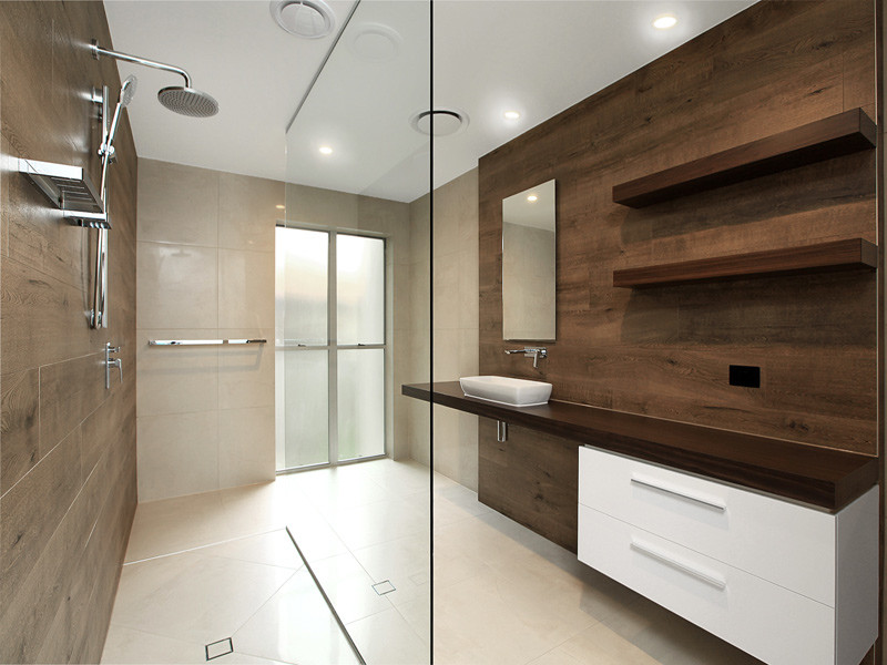 Design ideas for a mid-sized modern master bathroom in Sunshine Coast with an open shower, brown tile, ceramic tile, beige walls, ceramic floors, a vessel sink, engineered quartz benchtops and open cabinets.