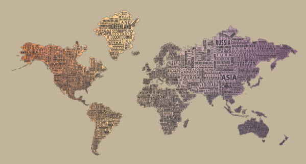 1-World Text Map Wall Decal, Desert Fade, 78"x42"