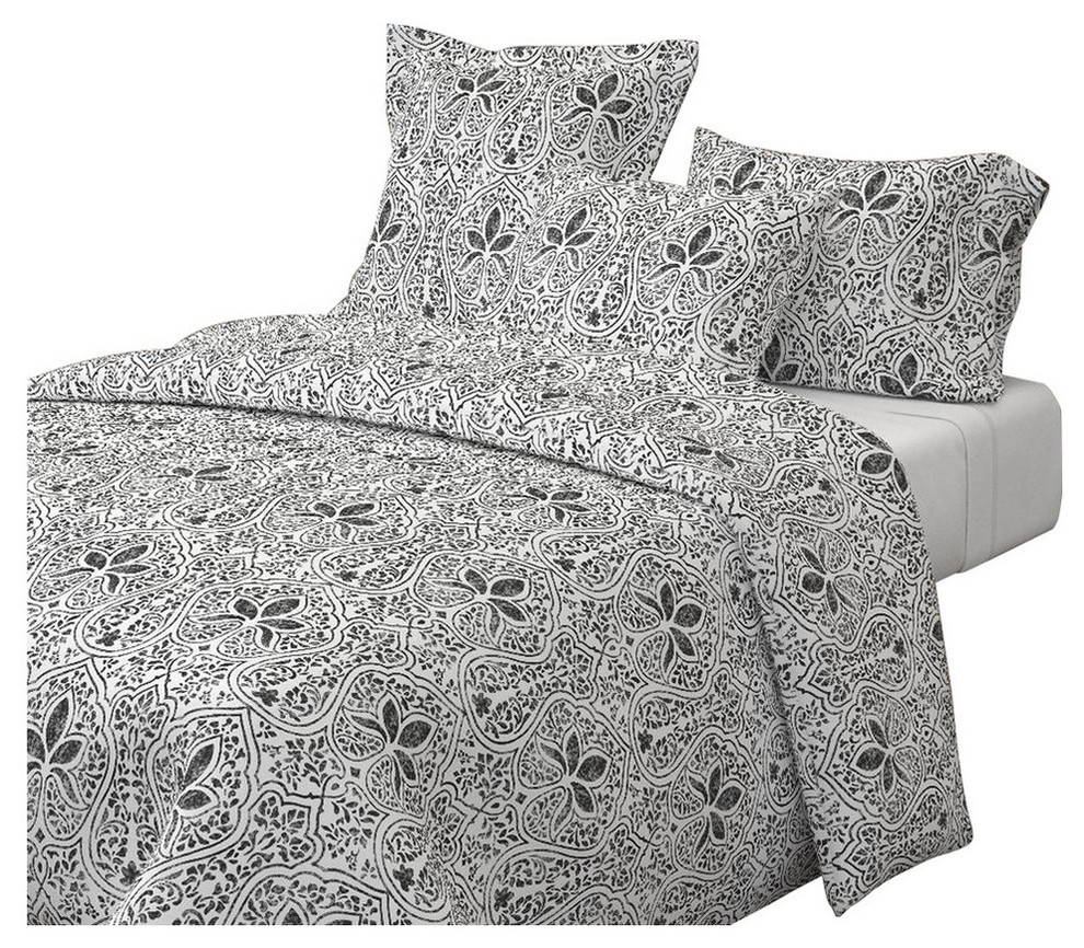 Black And White Batik White Indian Cotton Duvet Cover, Full/Queen