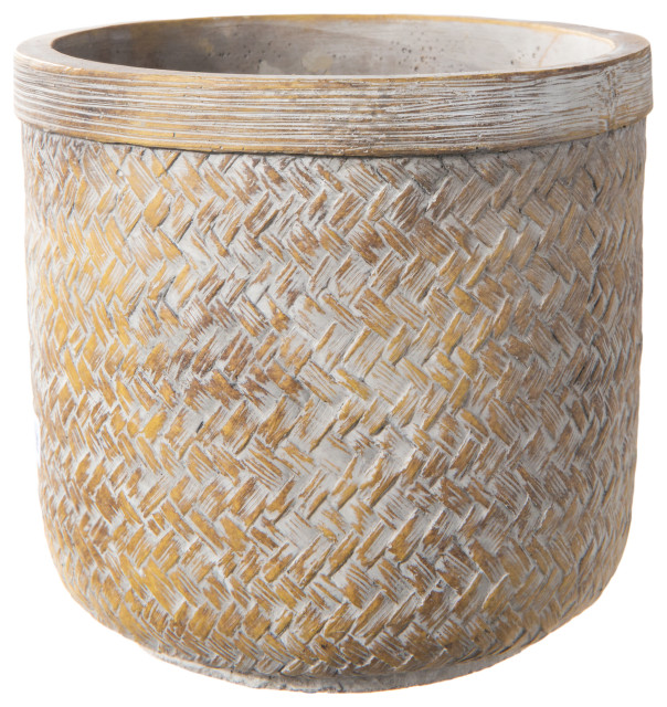 Round Cement Pot with Weave Design Body Washed Brown Finish, Medium