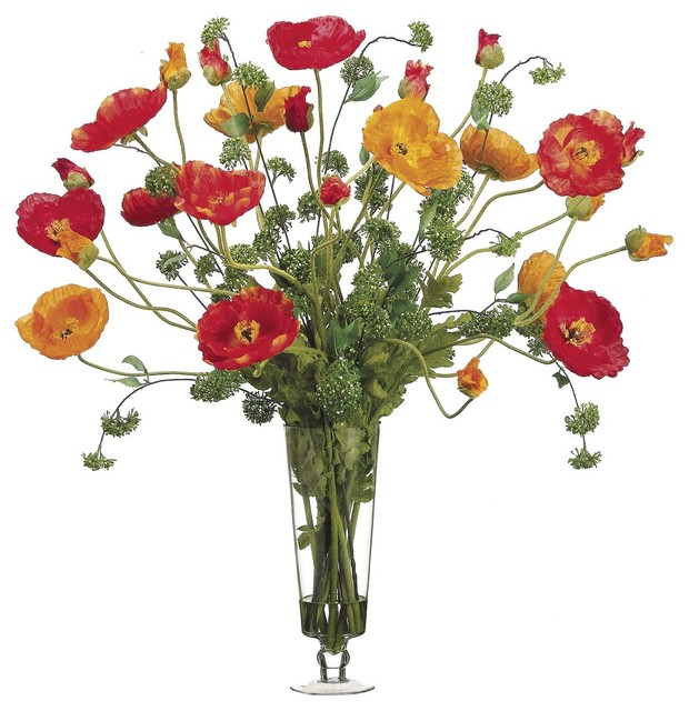 Lifelike Orange Red Poppy Fl Arrangement In Faux Water Gl Vase Lifelike Orange Red Poppy Fl Arrangement In Faux Water Gl Vase