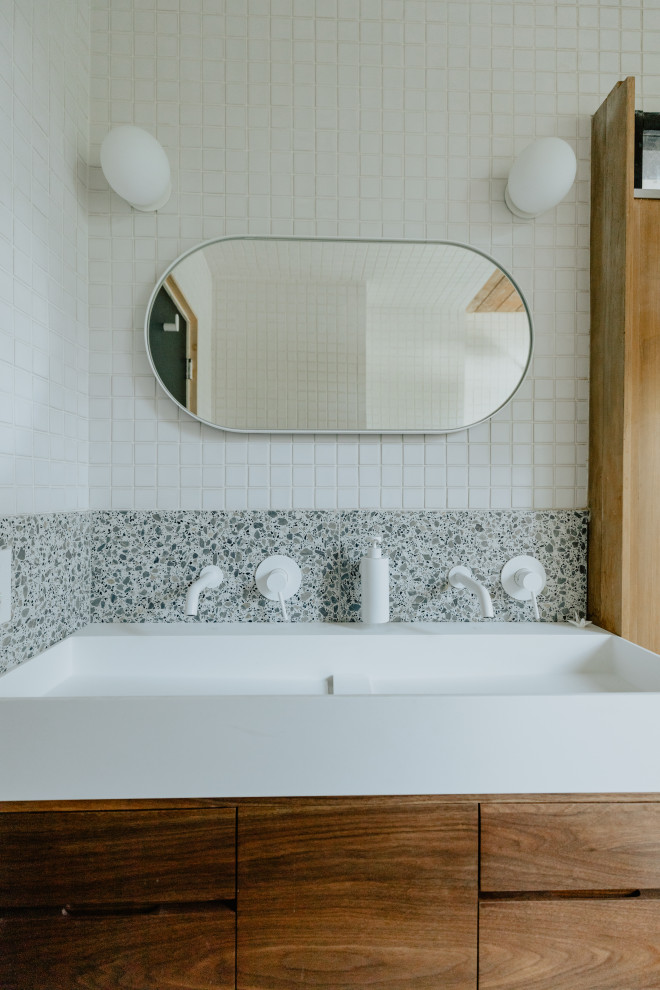 Mid-sized 1950s white tile and ceramic tile bathroom photo in San Francisco with white walls