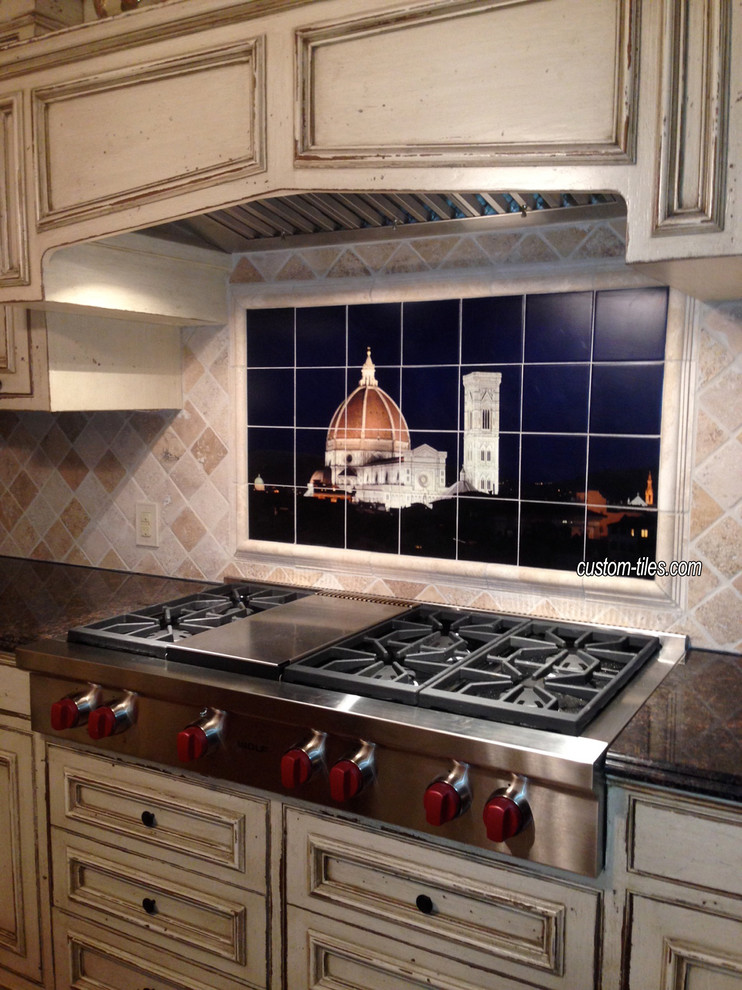 Tuscan single-wall eat-in kitchen photo with furniture-like cabinets, distressed cabinets and ceramic backsplash