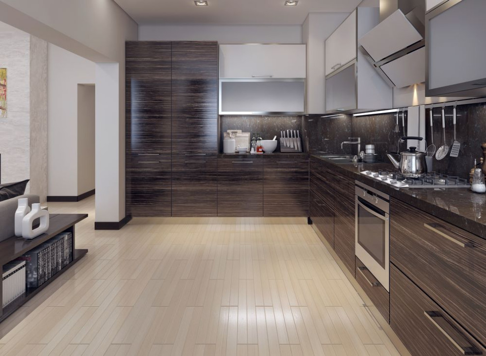 This is an example of a large modern l-shaped open plan kitchen in Houston with an undermount sink, flat-panel cabinets, dark wood cabinets, quartz benchtops, brown splashback, stone slab splashback, stainless steel appliances, bamboo floors, no island, beige floor and brown benchtop.
