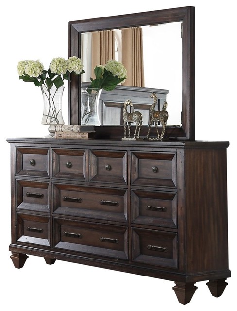 Sarzana Rustic Mediterranean 9 Drawer Dresser Mirror Set Aged Walnut