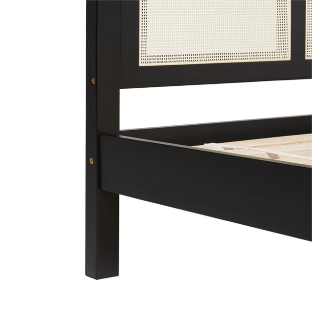 Walker Edison Solid Wood Rattan Headboard Queen Bedframe - Black ...