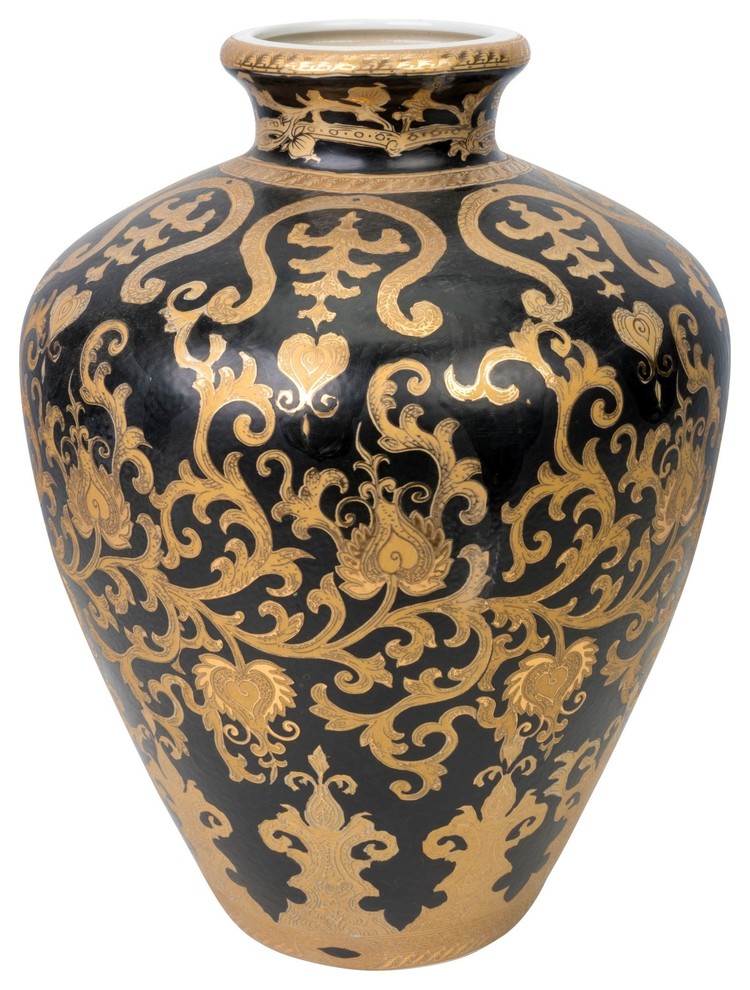 Chinese Black and Gold Tapestry Porcelain Vase, 15" Asian Vases