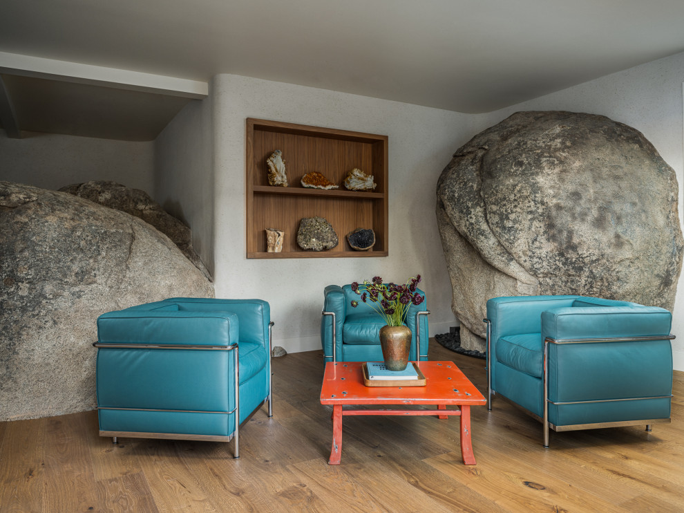 Example of a mountain style medium tone wood floor family room design