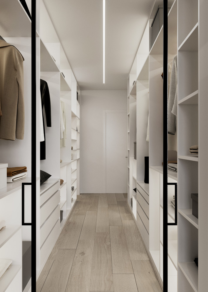 Источник вдохновения для домашнего уюта: хозяйская, серо-белая спальня среднего размера в стиле модернизм с серыми стенами, полом из винила и бежевым полом