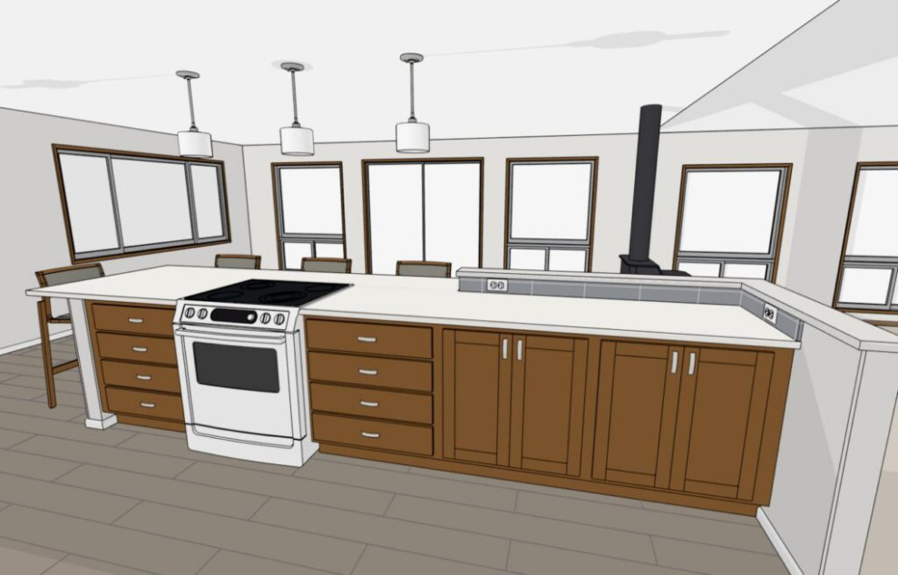 Inspiration for a galley vinyl floor and brown floor kitchen remodel with flat-panel cabinets, brown cabinets, quartz countertops, blue backsplash, porcelain backsplash, an island and white countertops
